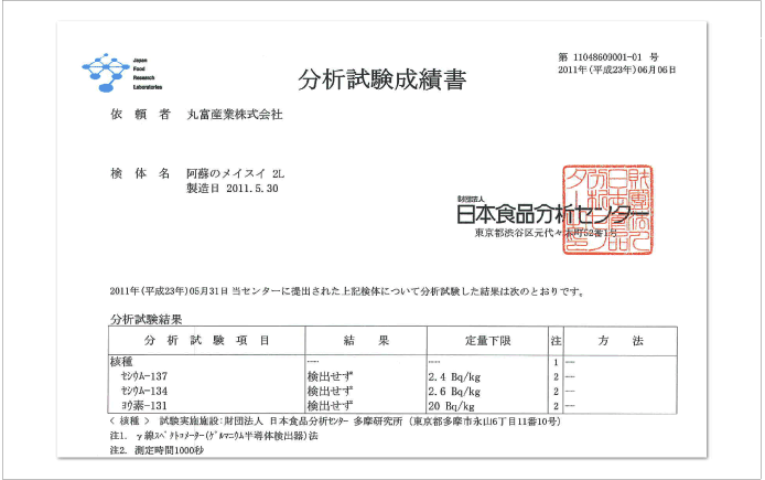 日本食品分析センター　放射能検査　セシウム・ヨウ素未検出